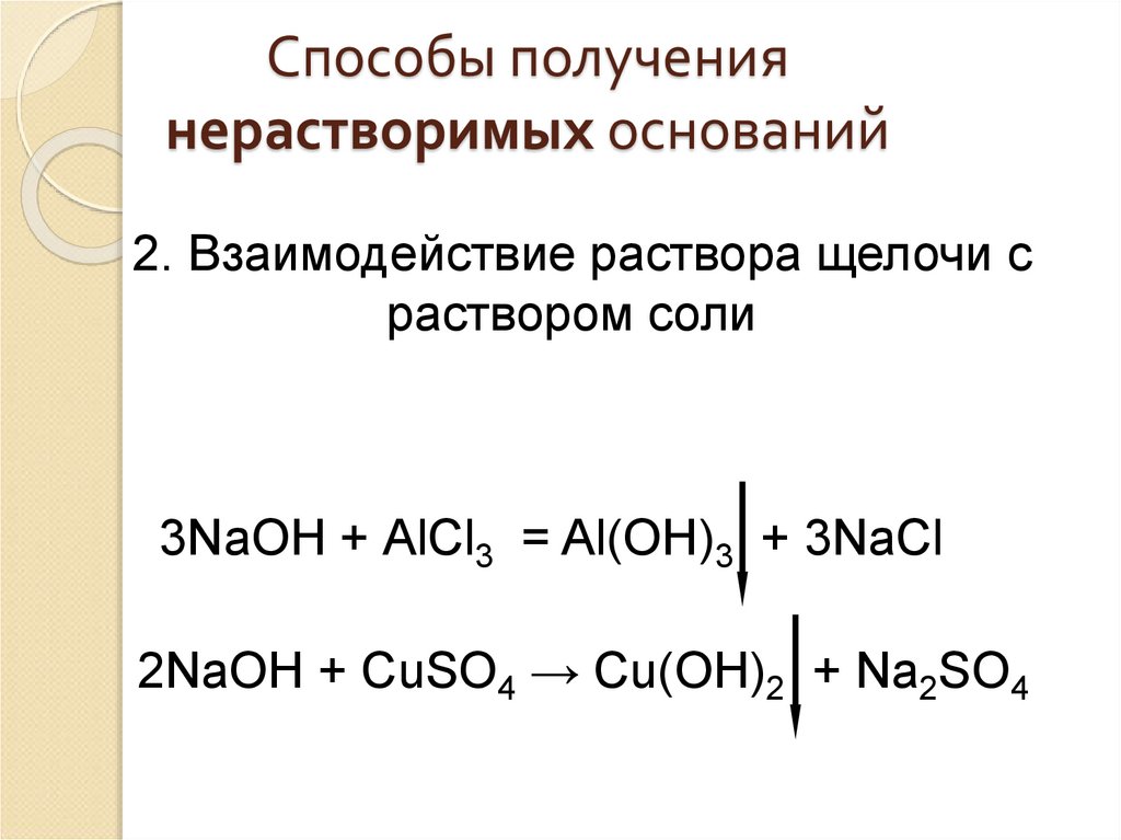 Взаимодействие двух веществ. Способы получения нерастворимых оснований. Уравнения нерастворимых оснований. Реакции получения оснований. Способы получения оснований с примерами.