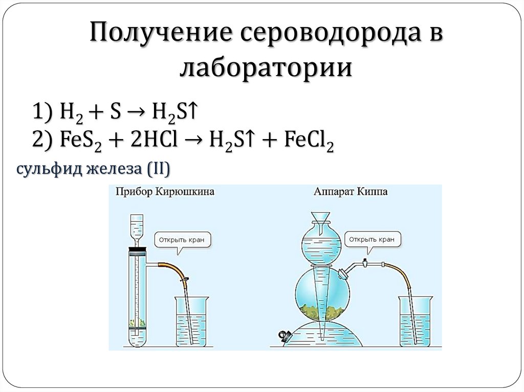 Сероводород кислота свойства. Уравнение реакции получения сероводорода. Получение уравнения реакций h2s. Получение h2s в лаборатории. Лабораторный способ получения сероводорода.