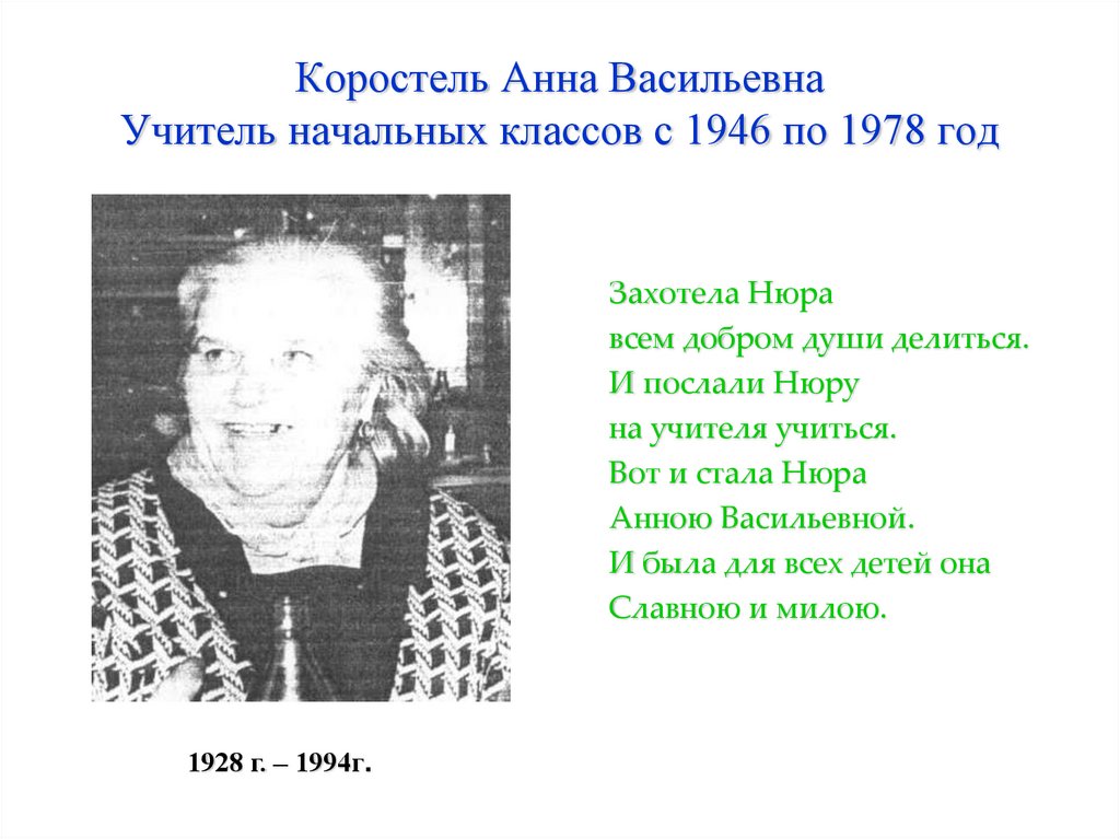 Коростель Анна Васильевна Учитель начальных классов с 1946 по 1978 год