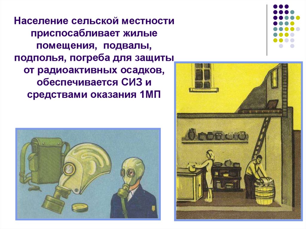 Население сельской местности приспосабливает жилые помещения, подвалы, подполья, погреба для защиты от радиоактивных осадков,