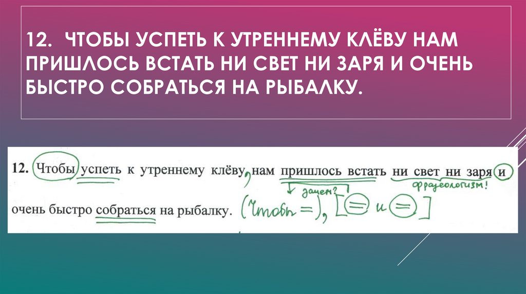 12. Чтобы успеть к утреннему клёву нам пришлось встать ни свет ни заря и очень быстро собраться на рыбалку.