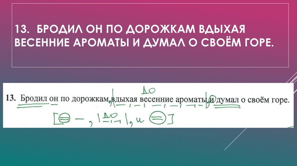 13. Бродил он по дорожкам вдыхая весенние ароматы и думал о своём горе.