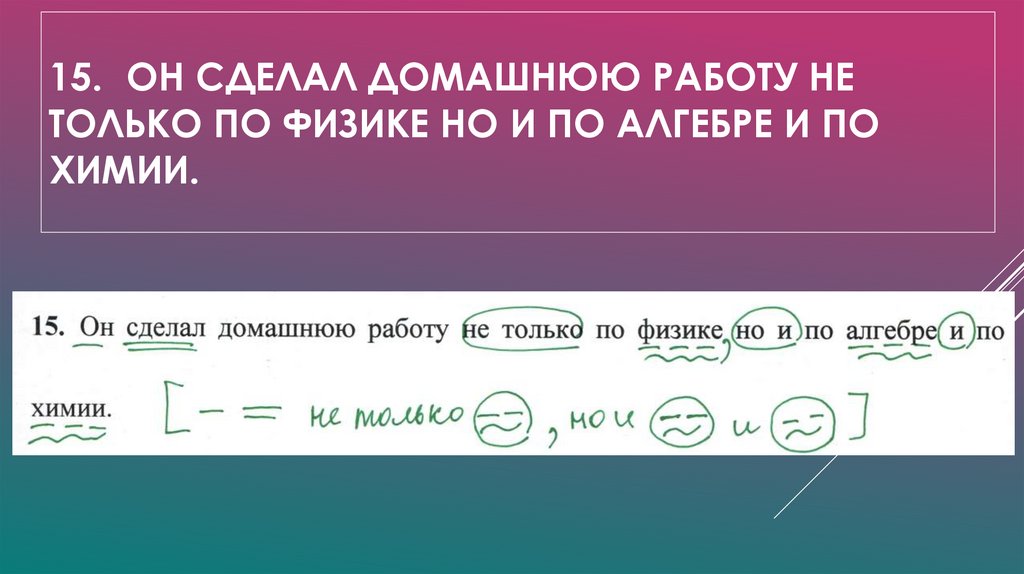 15. Он сделал домашнюю работу не только по физике но и по алгебре и по химии.