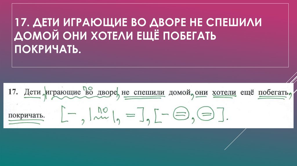 17. Дети играющие во дворе не спешили домой они хотели ещё побегать покричать.