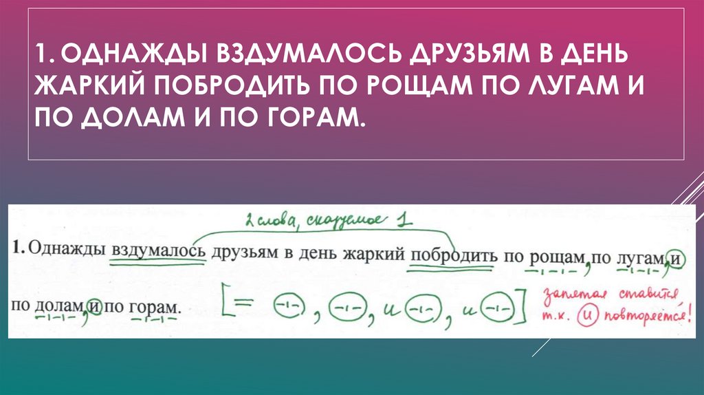 1. Однажды вздумалось друзьям в день жаркий побродить по рощам по лугам и по долам и по горам.