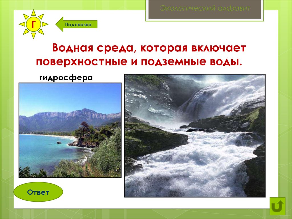 Экологический ответ. Водная среда включает поверхностные и подземные воды.. Гидросфера (водная среда). Поверхностные и подземные воды это в экологическом праве. Экологическая Азбука вода.