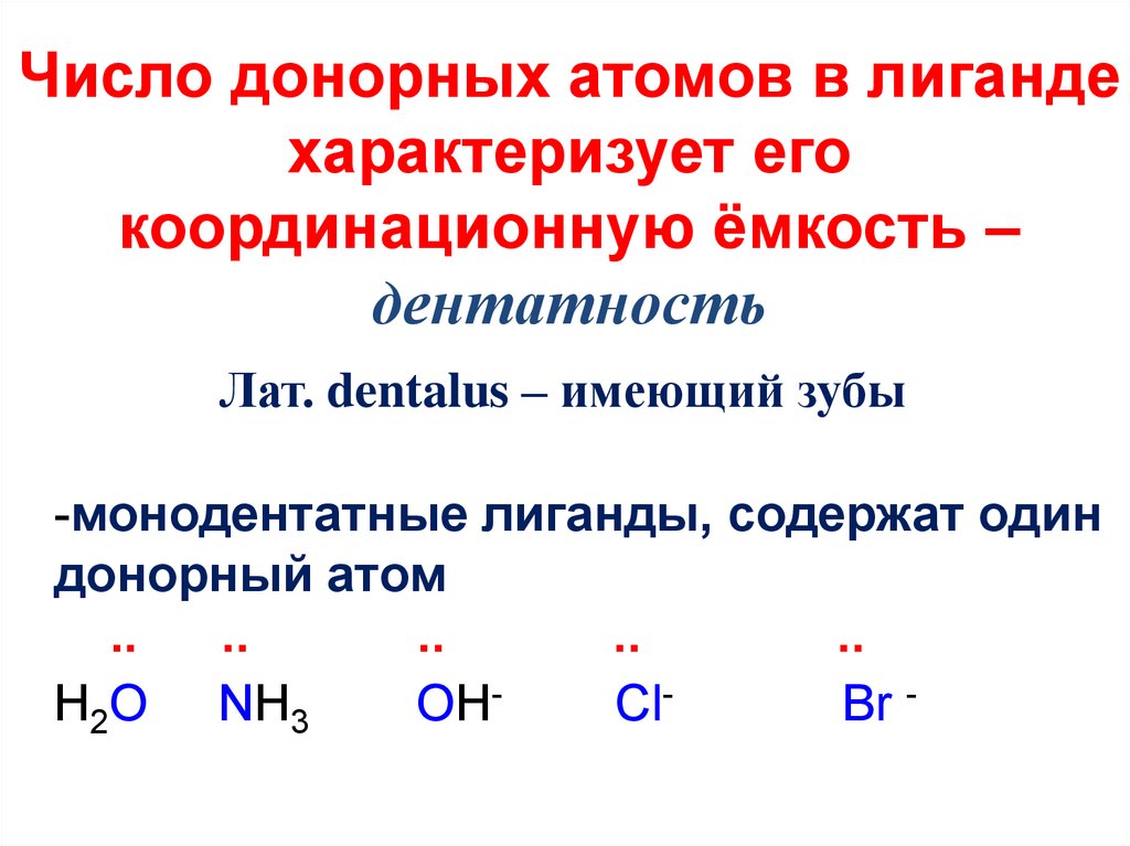 -монодентатные лиганды, содержат один донорный атом .. .. .. .. .. H2O NH3 OH- Cl- Br -