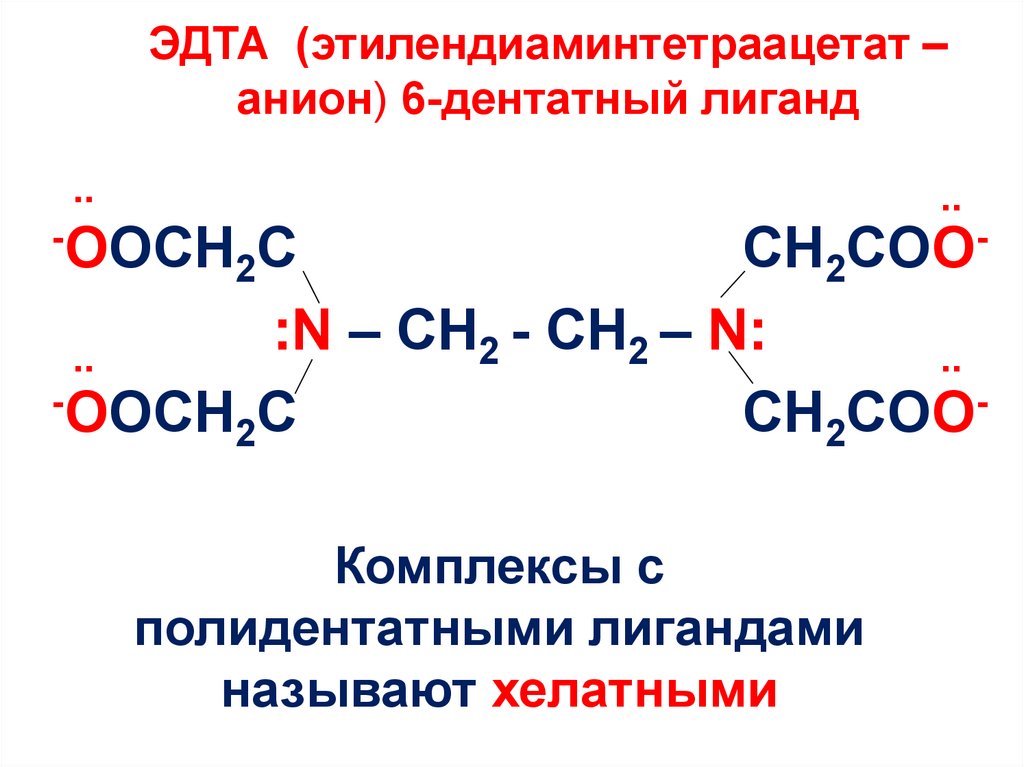 ЭДТА (этилендиаминтетраацетат –анион) 6-дентатный лиганд