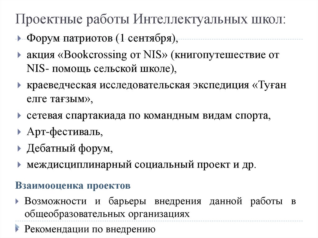 Проектные работы Интеллектуальных школ: