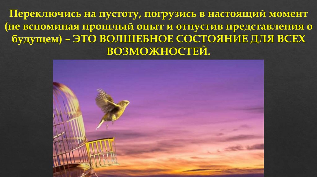 Переключись на пустоту, погрузись в настоящий момент (не вспоминая прошлый опыт и отпустив представления о будущем) – ЭТО