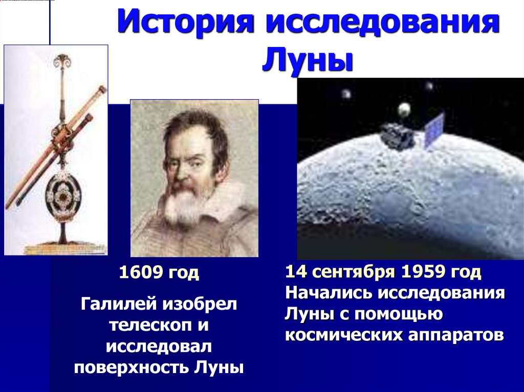 Какой аппарат помогал исследовать поверхность луны. Из истории изучения Луны. История изучения Луны 1959 год. Этапы исследования Луны. Телескоп 1609 года.