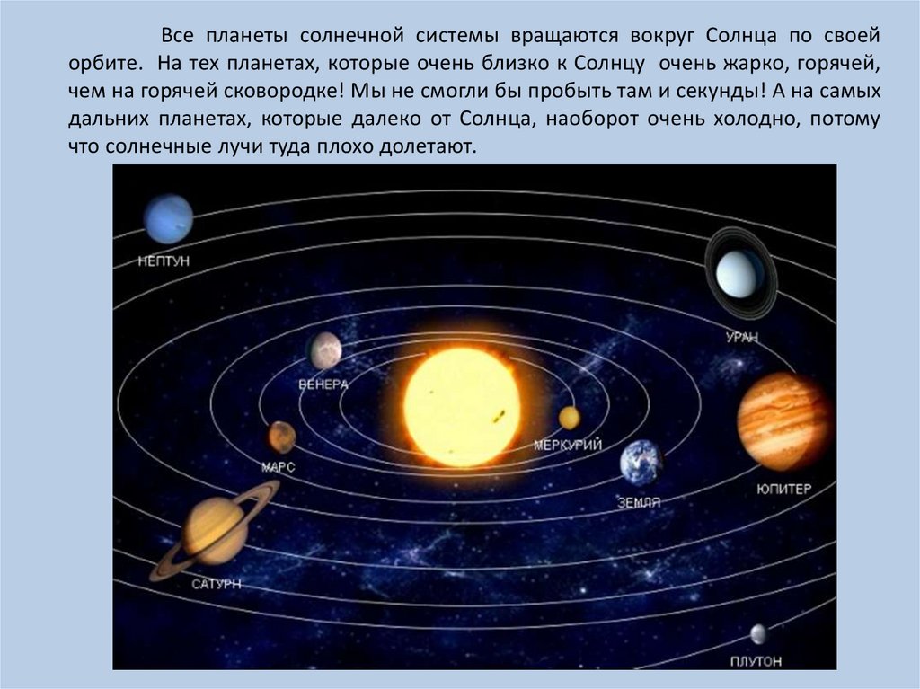 Все планеты солнечной системы вращаются вокруг Солнца по своей орбите. На тех планетах, которые очень близко к Солнцу очень