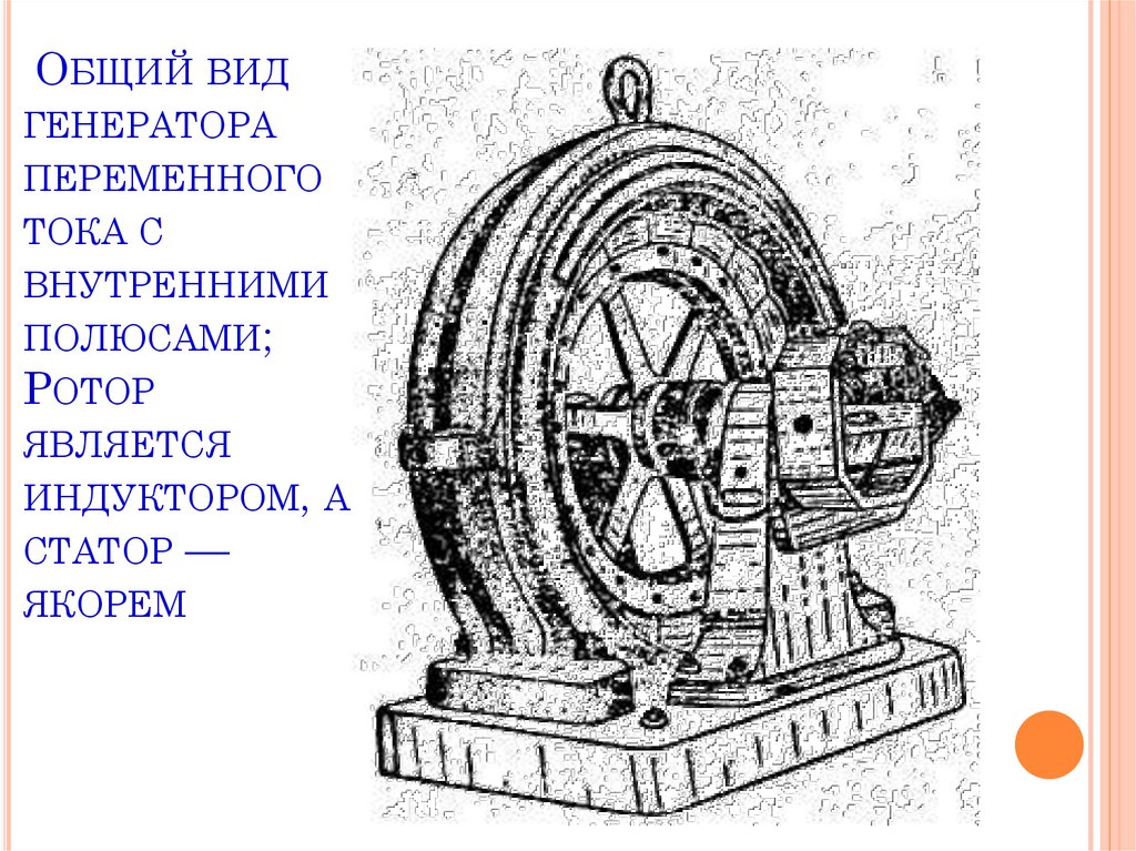 Общий вид генератора переменного тока с внутренними полюсами; Ротор является индуктором, а статор — якорем