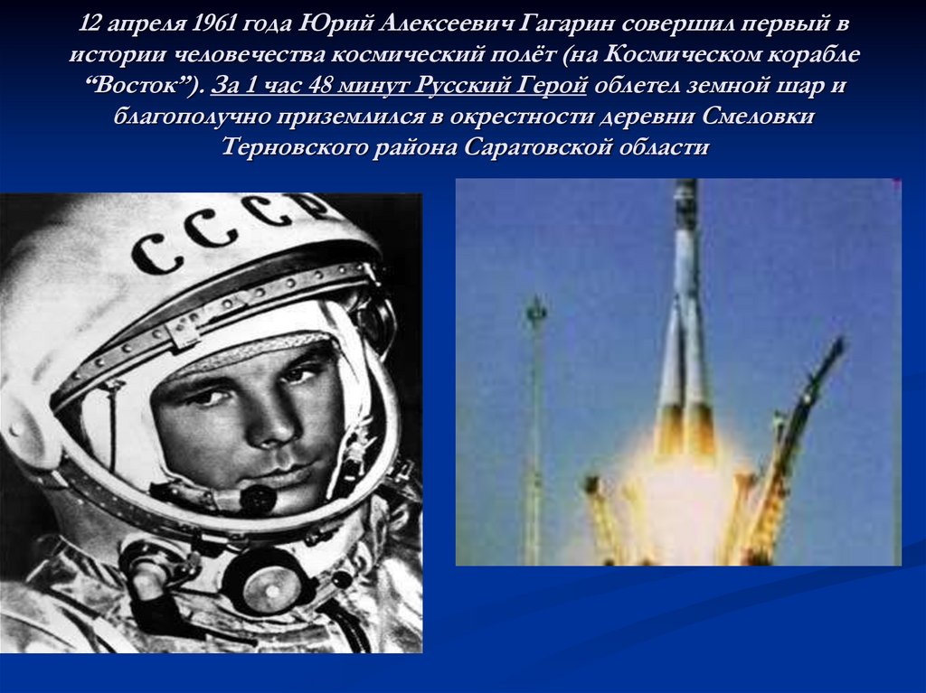 День в истории полет человека в космос. 12 Апреля 1961 года, полет Юрия Алексеевича Гагарина.