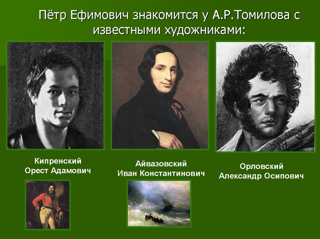 Пётр Ефимович знакомится у А.Р.Томилова с известными художниками: