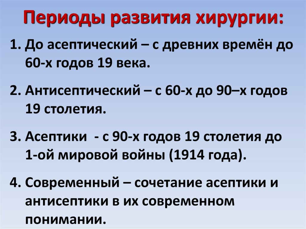 Периоды развития хирургии: