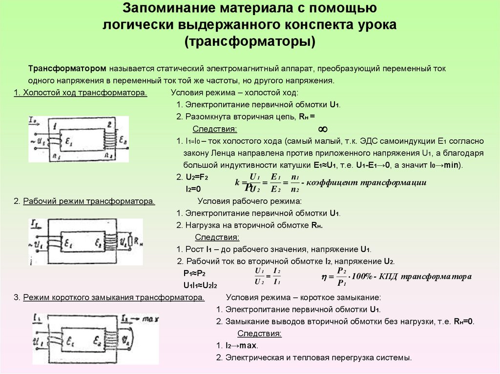 План конспект урока трансформатор