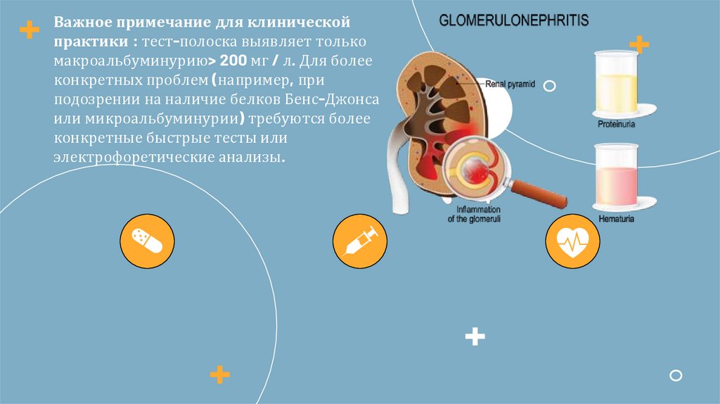 Важное примечание для клинической практики : тест-полоска выявляет только макроальбуминурию> 200 мг / л. Для более конкретных