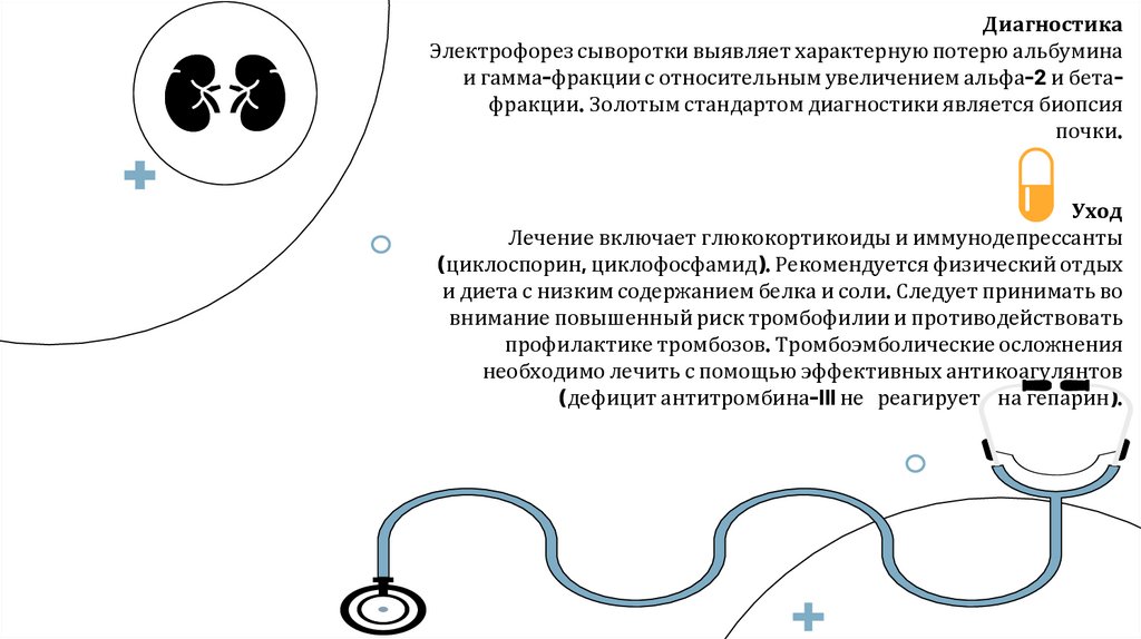 Диагностика Электрофорез сыворотки выявляет характерную потерю альбумина и гамма-фракции с относительным увеличением альфа-2 и