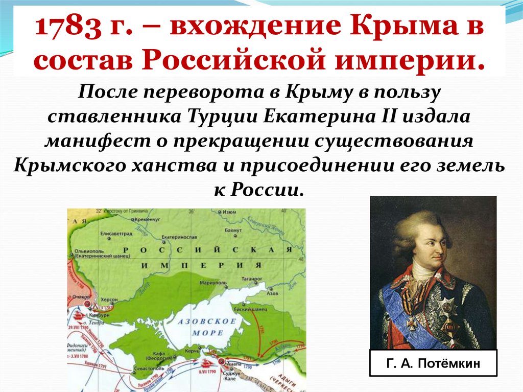 1783 г. – вхождение Крыма в состав Российской империи.