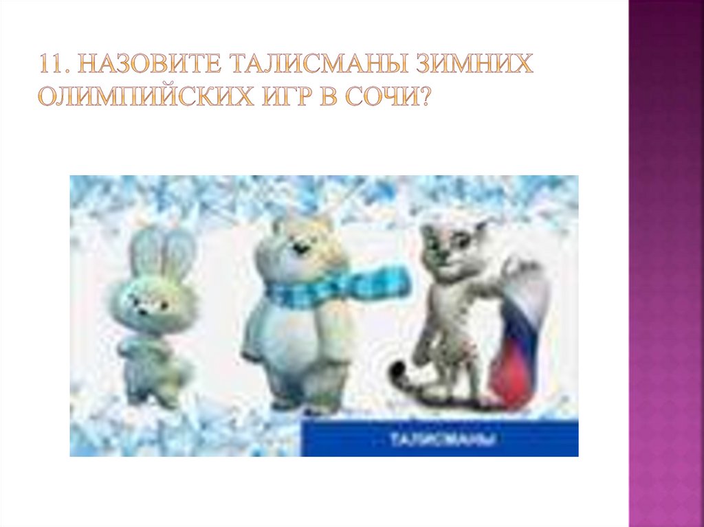11. Назовите талисманы зимних олимпийских игр в сочи?
