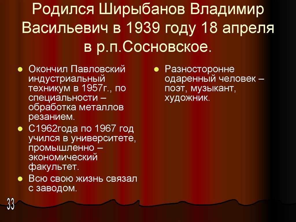 Родился Ширыбанов Владимир Васильевич в 1939 году 18 апреля в р.п.Сосновское.