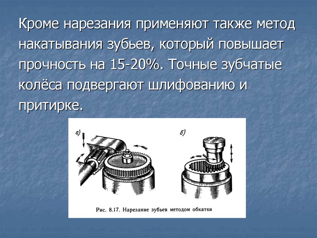 Накатывание зубчатых колес. Притирка зубчатых колес. Притирка зубьев зубчатых колес. Нарезание зубьев червячной фрезой.