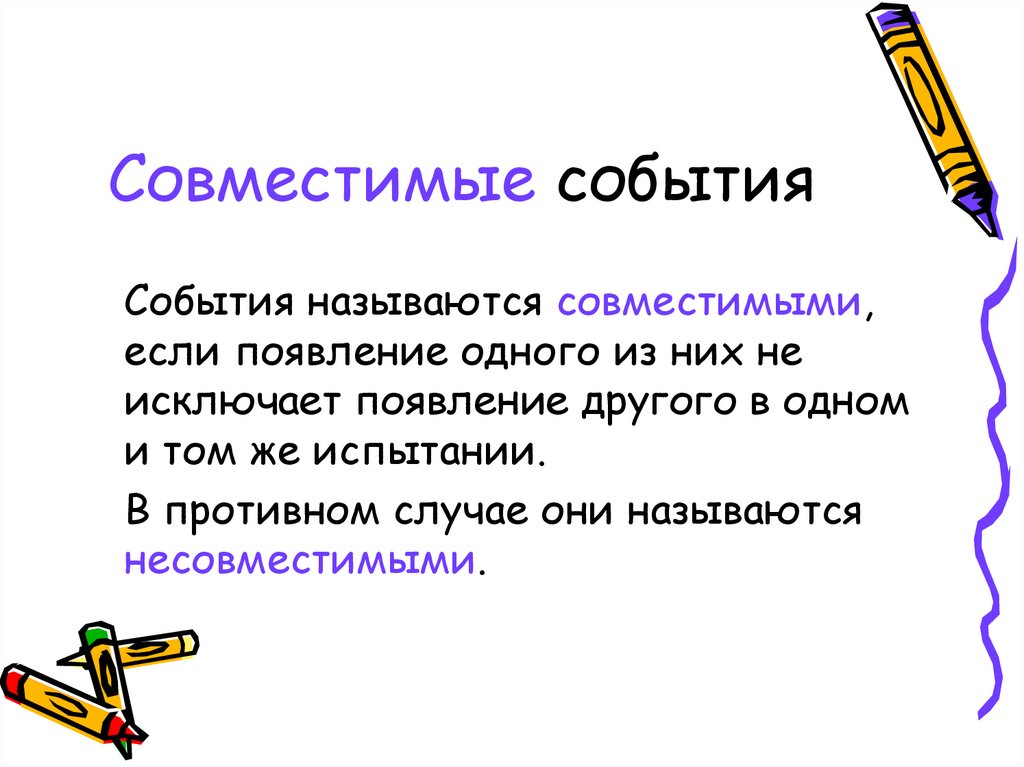 Событием называется. Совместимые события. События называется совместимым. События называются совместимыми если. Какие события называются совместимыми и несовместимыми?.