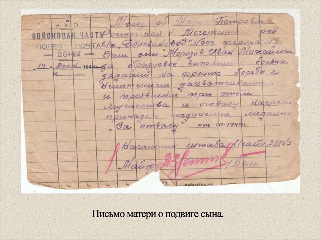 Письмо матери о подвиге сына.