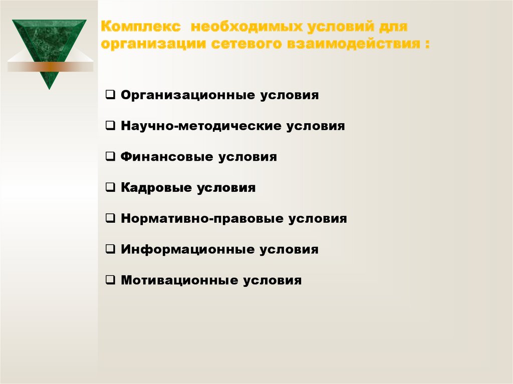 Проект сетевого взаимодействия. Организационные условия кадровые условия. Комплекс условий.