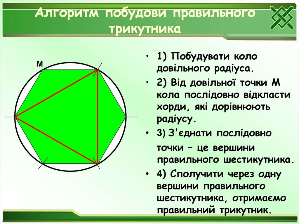 Правильний трикутник. Довільне коло. Довжина кола. Объем знайты многокутника..
