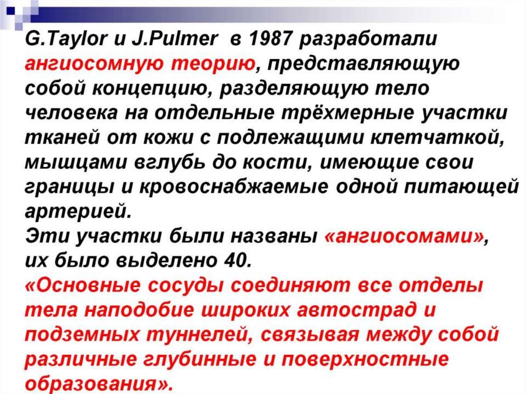 G.Taylor и J.Pulmer в 1987 разработали ангиосомную теорию, представляющую собой концепцию, разделяющую тело человека на