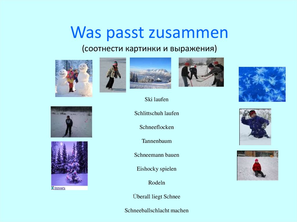 Was passt zusammen (соотнести картинки и выражения)