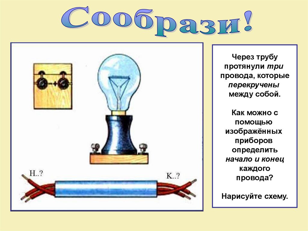 Перекрути. Через трубу пропустили три провода которые перекручены между собой. Прибор определения начало-конец. Через трубу протянули 3 провода которые перекручены схема. Три проводника одна из которых лампочка.