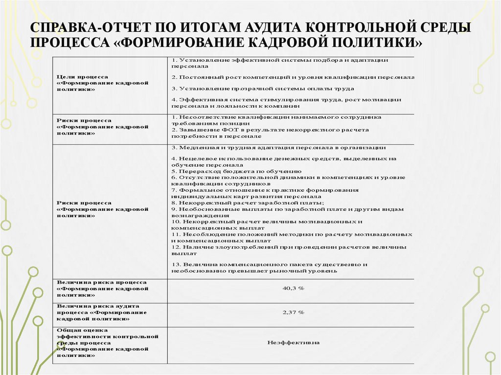 Справка-отчет по итогам аудита контрольной среды процесса «Формирование кадровой политики»