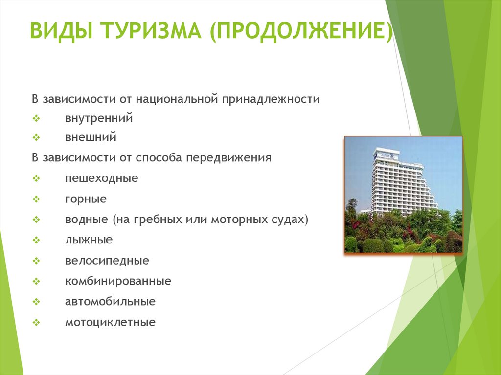 ВИДЫ ТУРИЗМА (ПРОДОЛЖЕНИЕ)