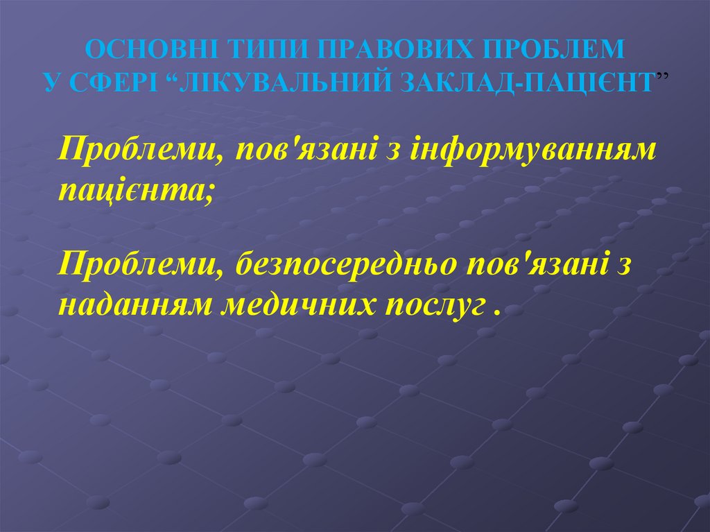 ОСНОВНІ ТИПИ ПРАВОВИХ ПРОБЛЕМ У СФЕРІ “ЛІКУВАЛЬНИЙ ЗАКЛАД-ПАЦІЄНТ”