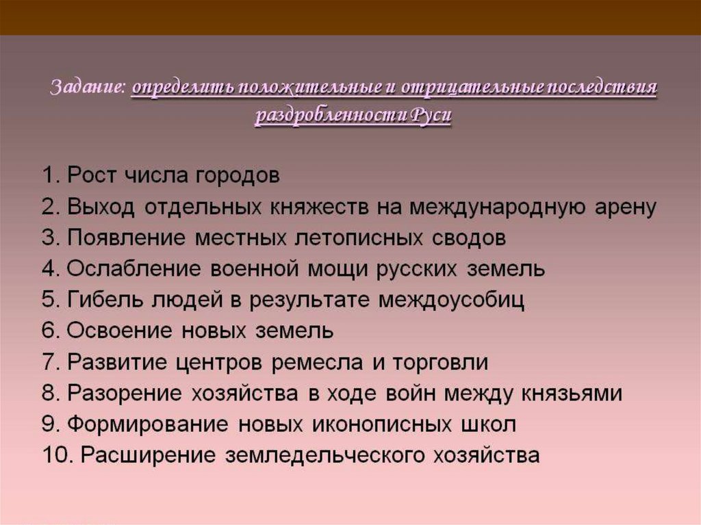 Определение положительных. Положительные и отрицательные раздробленности Руси. Положительные и отрицательные последствия Руси. Положительные стороны раздробленности. Последствия раздробленности Руси рост числа городов,.