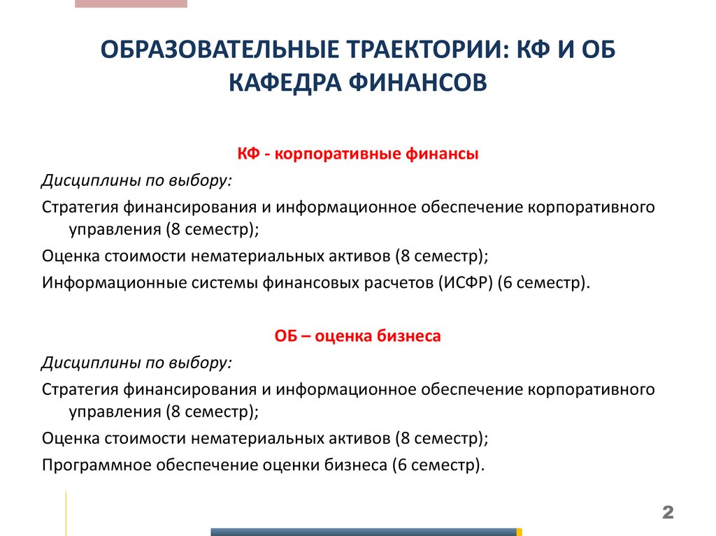 ОБРАЗОВАТЕЛЬНЫЕ ТРАЕКТОРИИ: КФ И ОБ КАФЕДРА ФИНАНСОВ