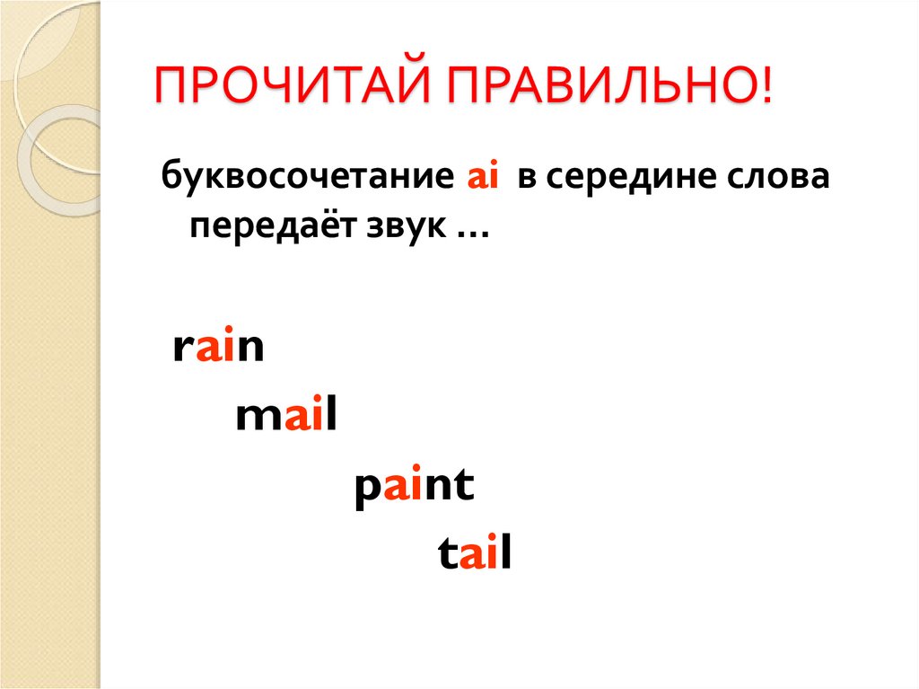 Прочитайте правильно фразу. Укажите правильный вариант чтения буквосочетания "ai" в слове "Rain".