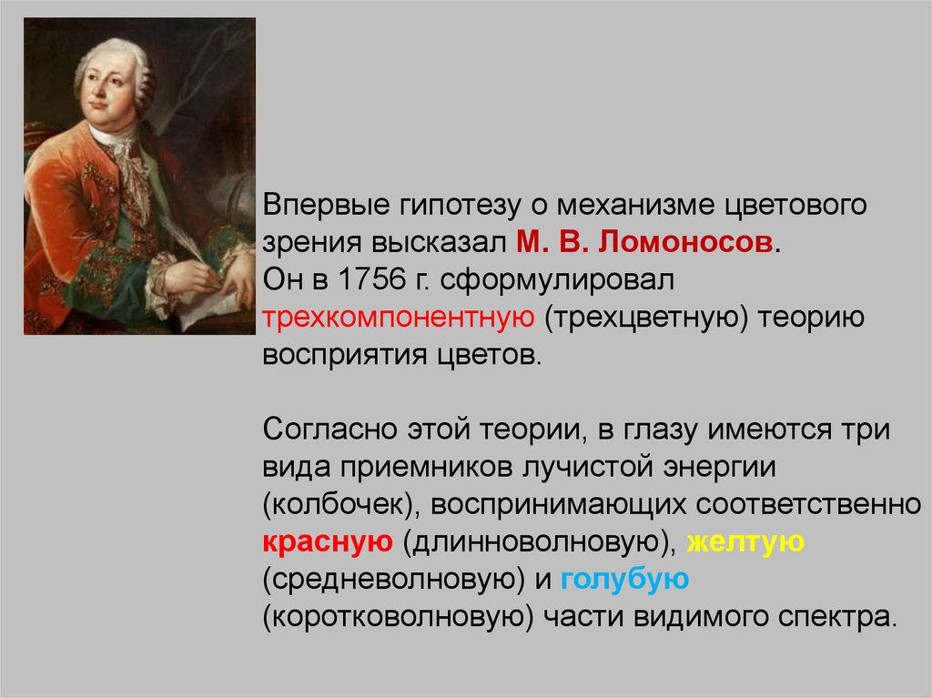 Теории зрения. Теория света Ломоносова. Теории цветового зрения. Цветовое зрение Ломоносов. Теории цветовосприятия Ломоносова.