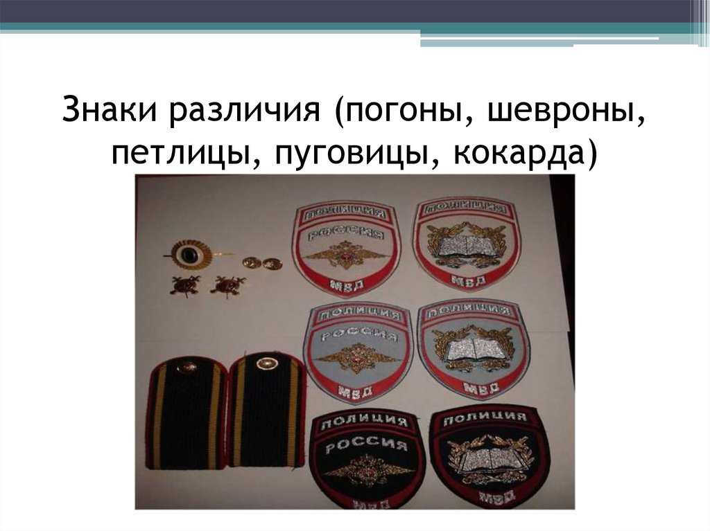 Знаки различия (погоны, шевроны, петлицы, пуговицы, кокарда)