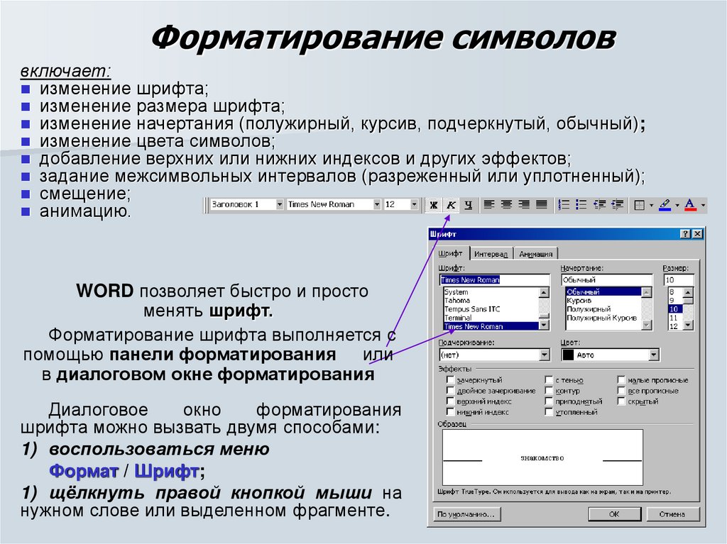 Программы для создания текстовых документов. Форматирование символов. Укажите параметры форматирования символа:. Диалоговое окно форматирования шрифта. Основные параметры форматирования символов и абзацев.