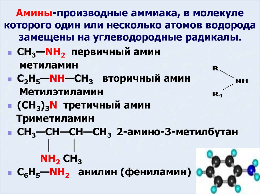 Амины-производные аммиака, в молекуле которого один или несколько атомов водорода замещены на углеводородные радикалы.