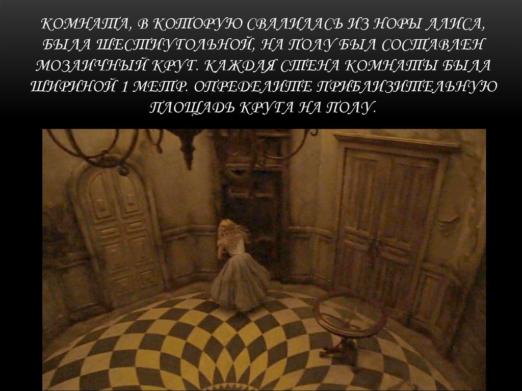 Комната, в которую свалилась из норы Алиса, была шестиугольной, на полу был составлен мозаичный круг. Каждая стена комнаты была