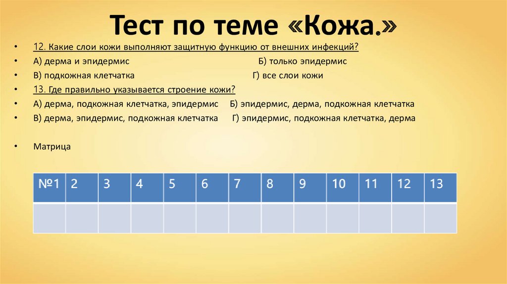 Тест 20 история. Вопросы и ответы на тему кожа.