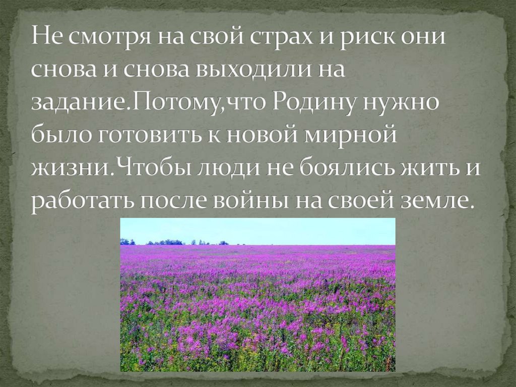 Не смотря на свой страх и риск они снова и снова выходили на задание.Потому,что Родину нужно было готовить к новой мирной