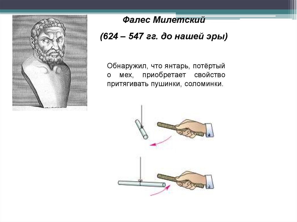 Прибор изобретенный милетский. Фалес Милетский янтарь. Опыт Фалеса. Фалес Милетский опыты с янтарем. Фалес Милетский электризация.