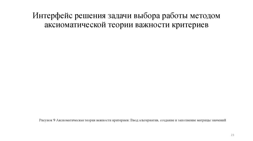Интерфейс решения задачи выбора работы методом аксиоматической теории важности критериев