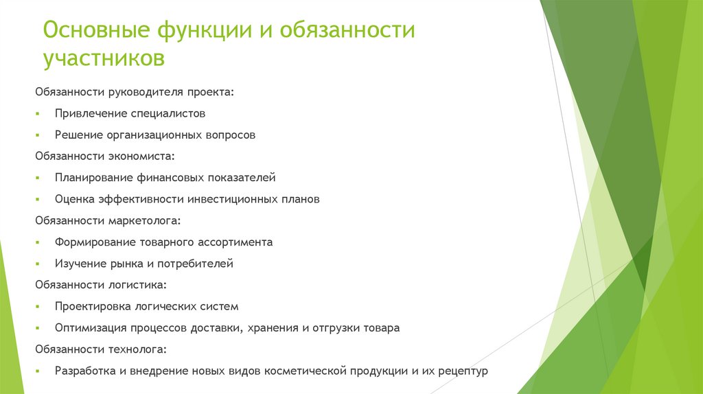 Основные функции и обязанности участников